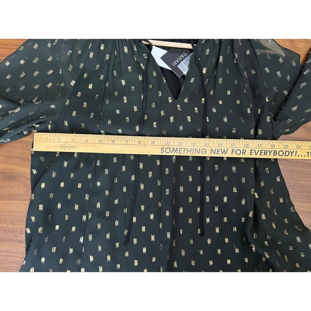 Tahari NWT Size Small Black Gold Clip Dot Sheer Blouse Long Sleeve V-Neck Top - Picture 5 of 6
